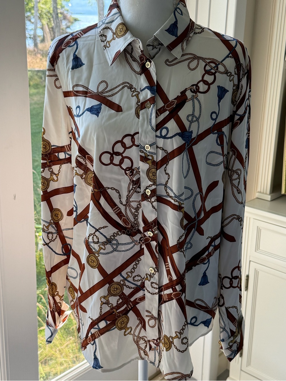 Talbots White Button-Down Shirt with Brown Chain and Blue Tassel Print